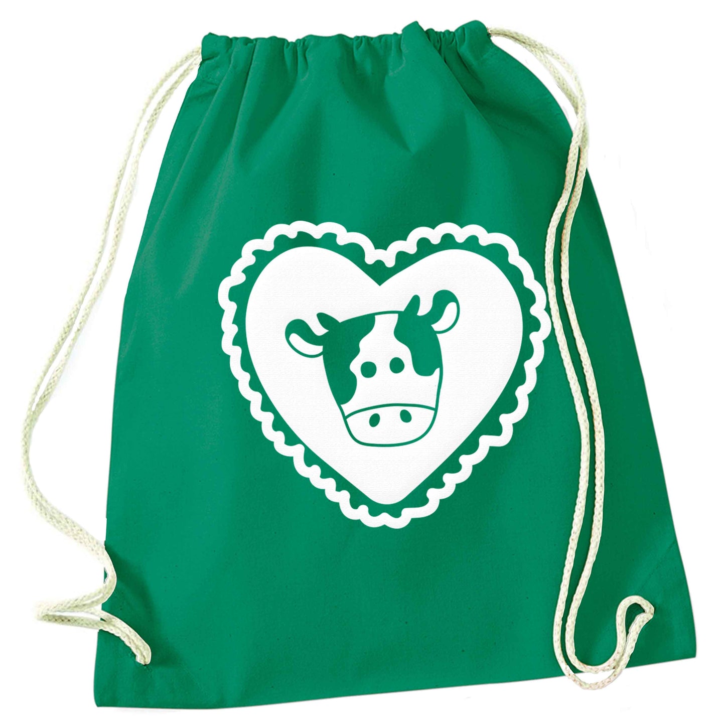 Cow heart illustration green drawstring bag