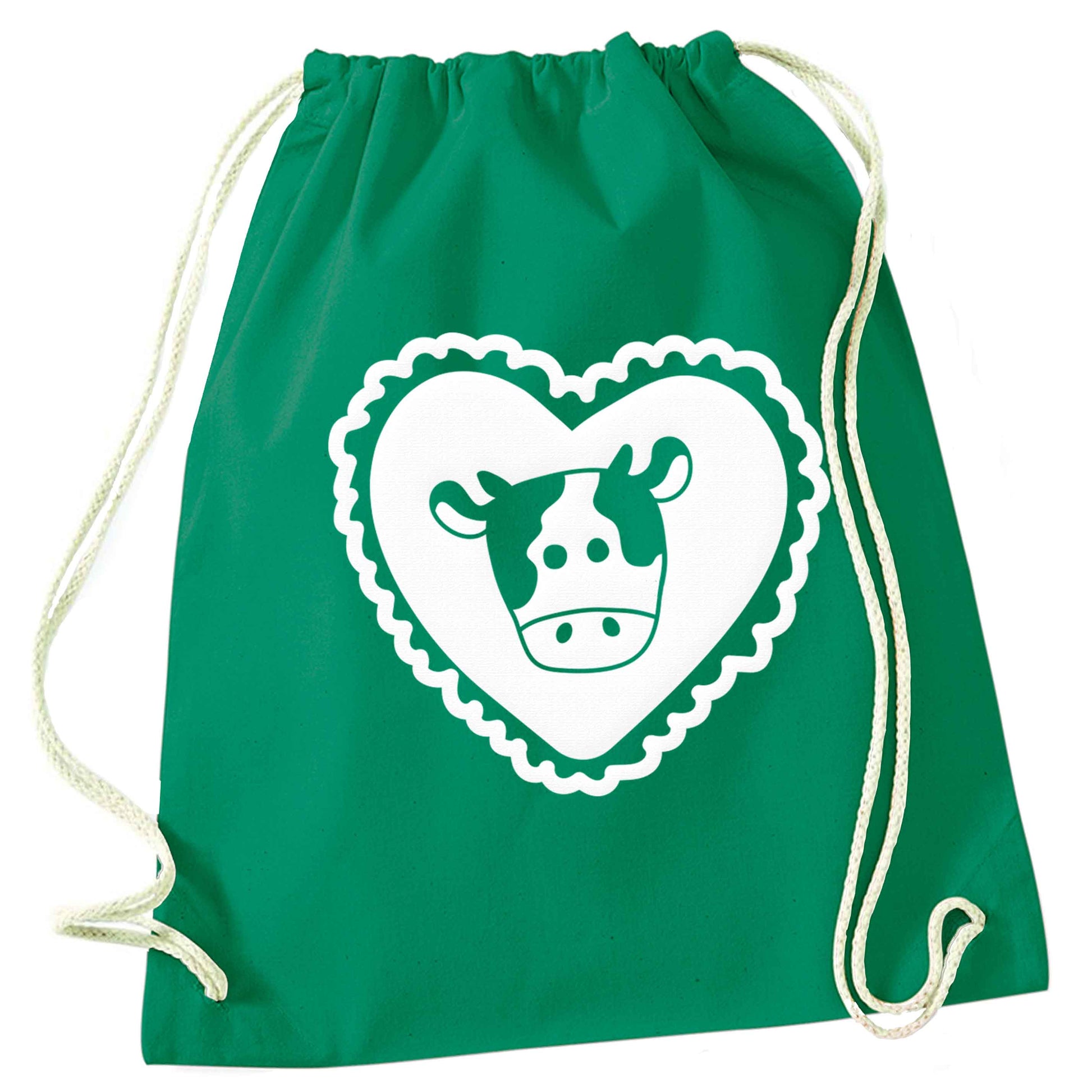 Cow heart illustration green drawstring bag