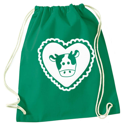 Cow heart illustration green drawstring bag