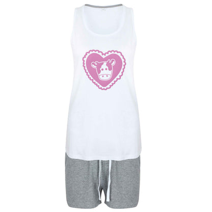 Cow heart illustration size XL women's pyjama shorts set in pink 