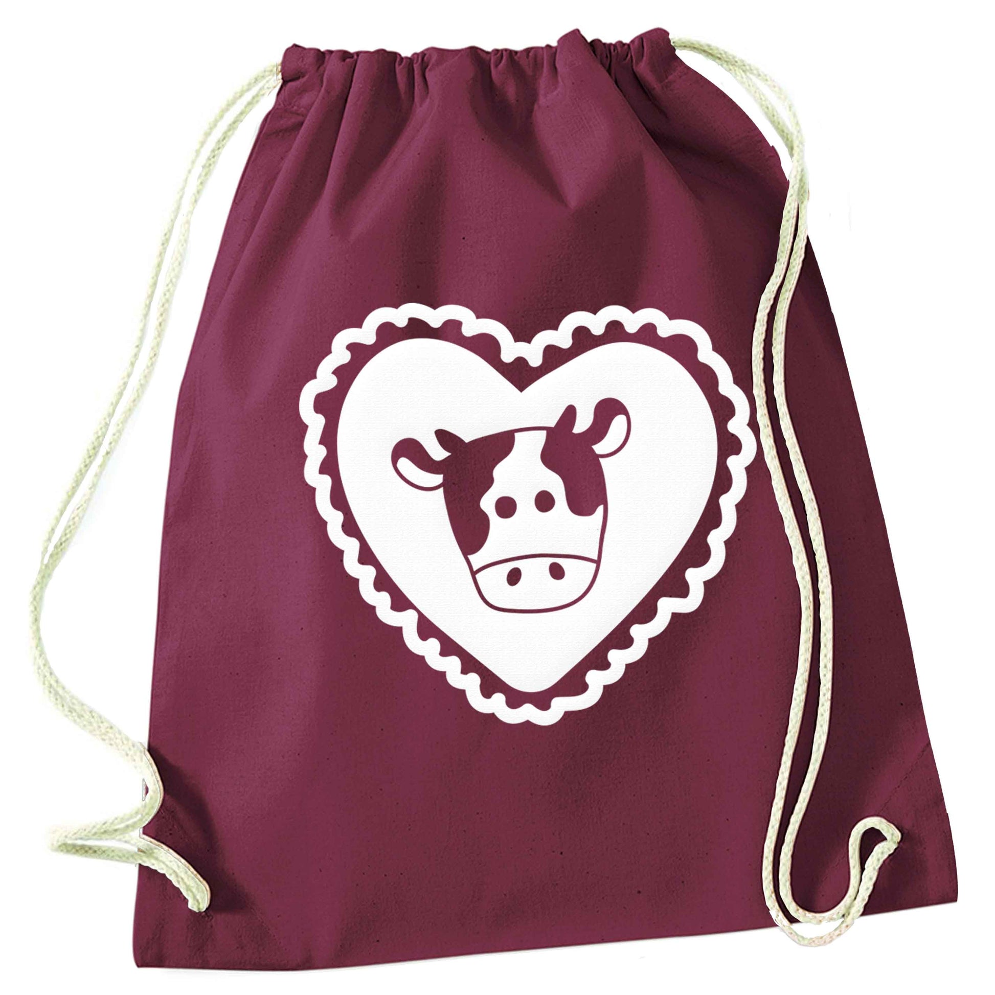 Cow heart illustration maroon drawstring bag