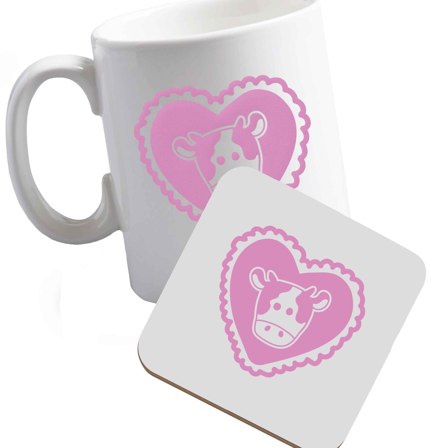 10 oz Ceramic mug and coaster Cow heart illustration both sides