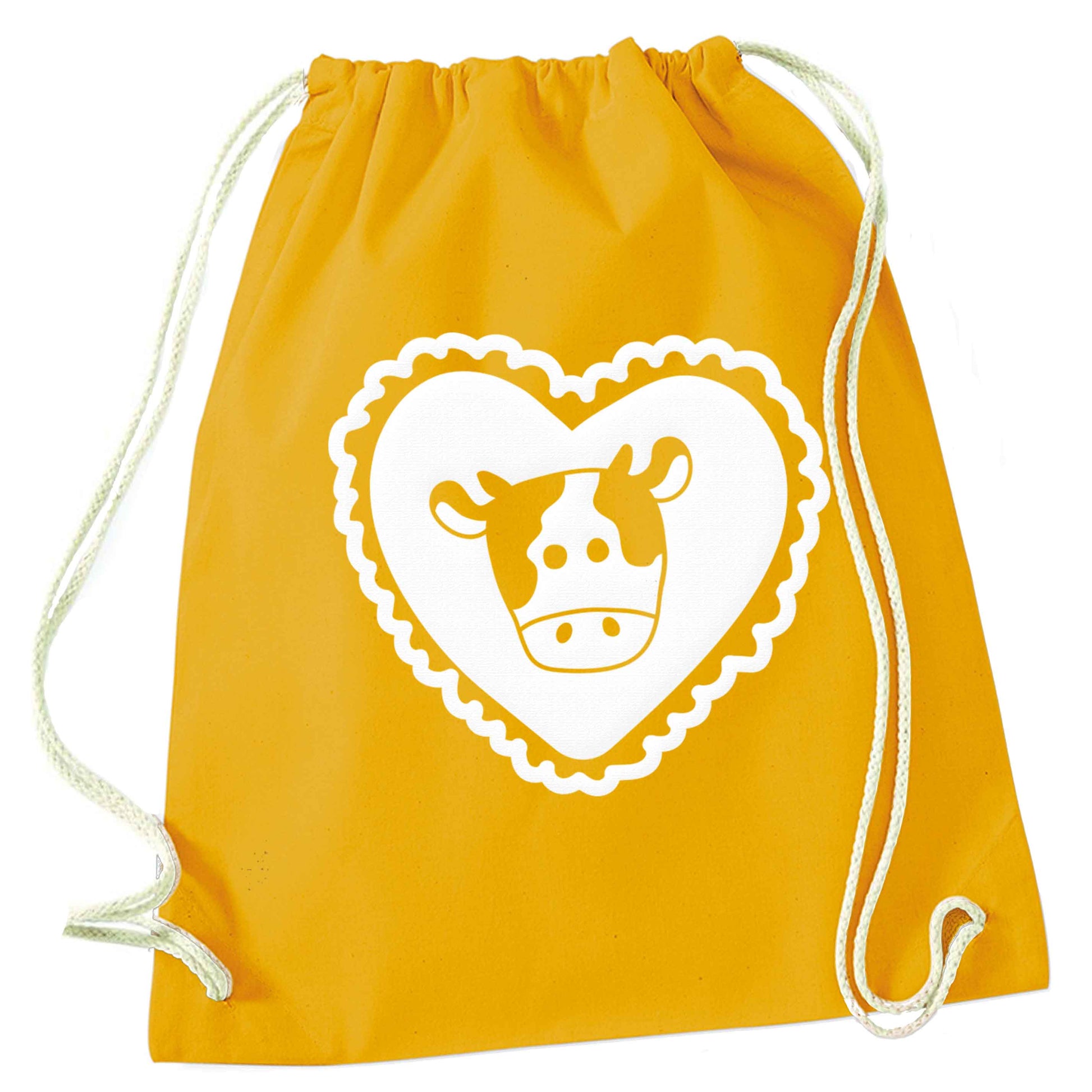 Cow heart illustration mustard drawstring bag