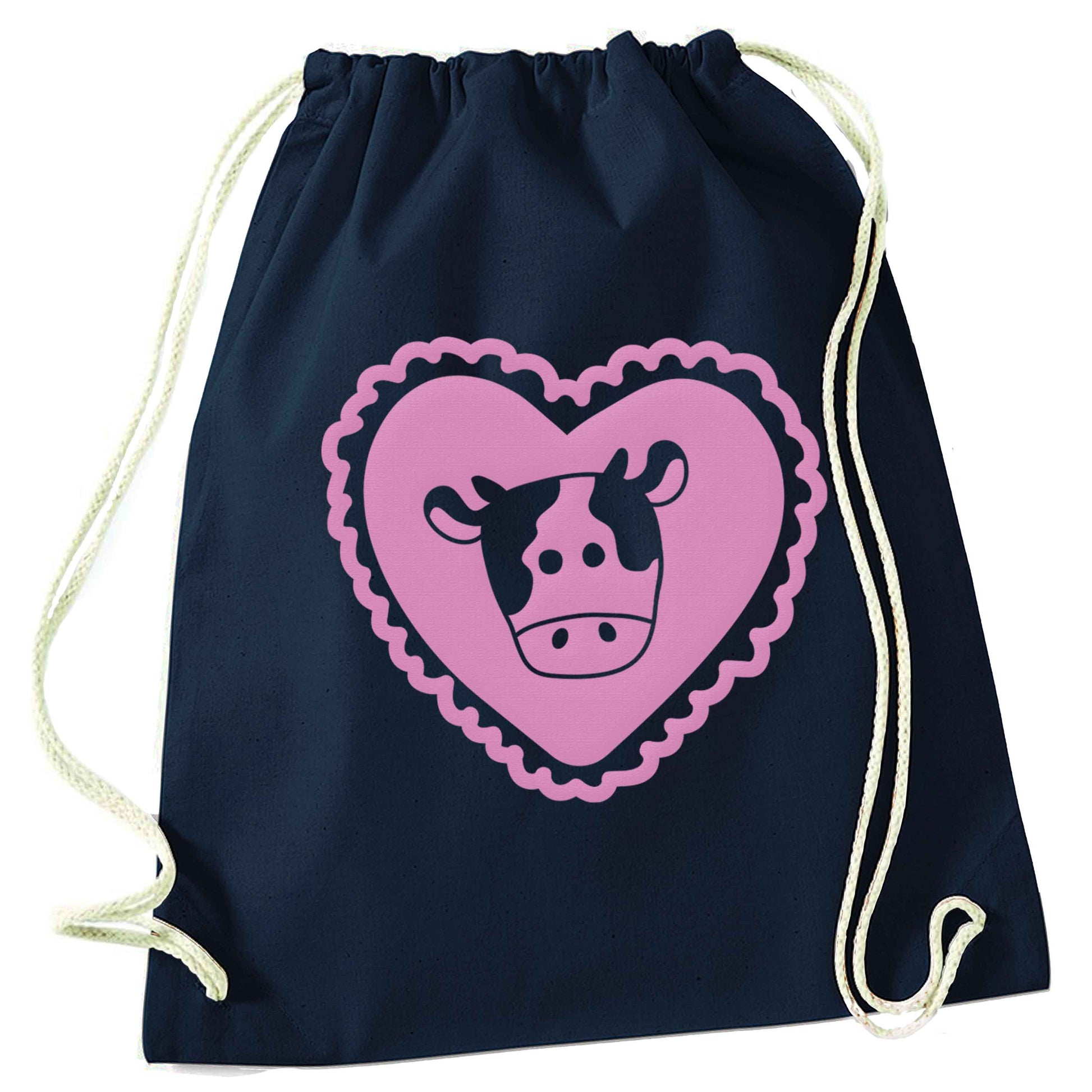 Cow heart illustration navy drawstring bag
