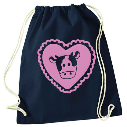Cow heart illustration navy drawstring bag