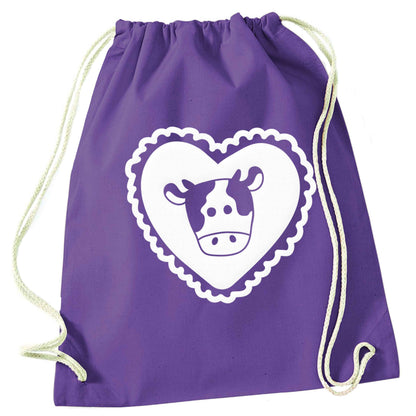 Cow heart illustration purple drawstring bag