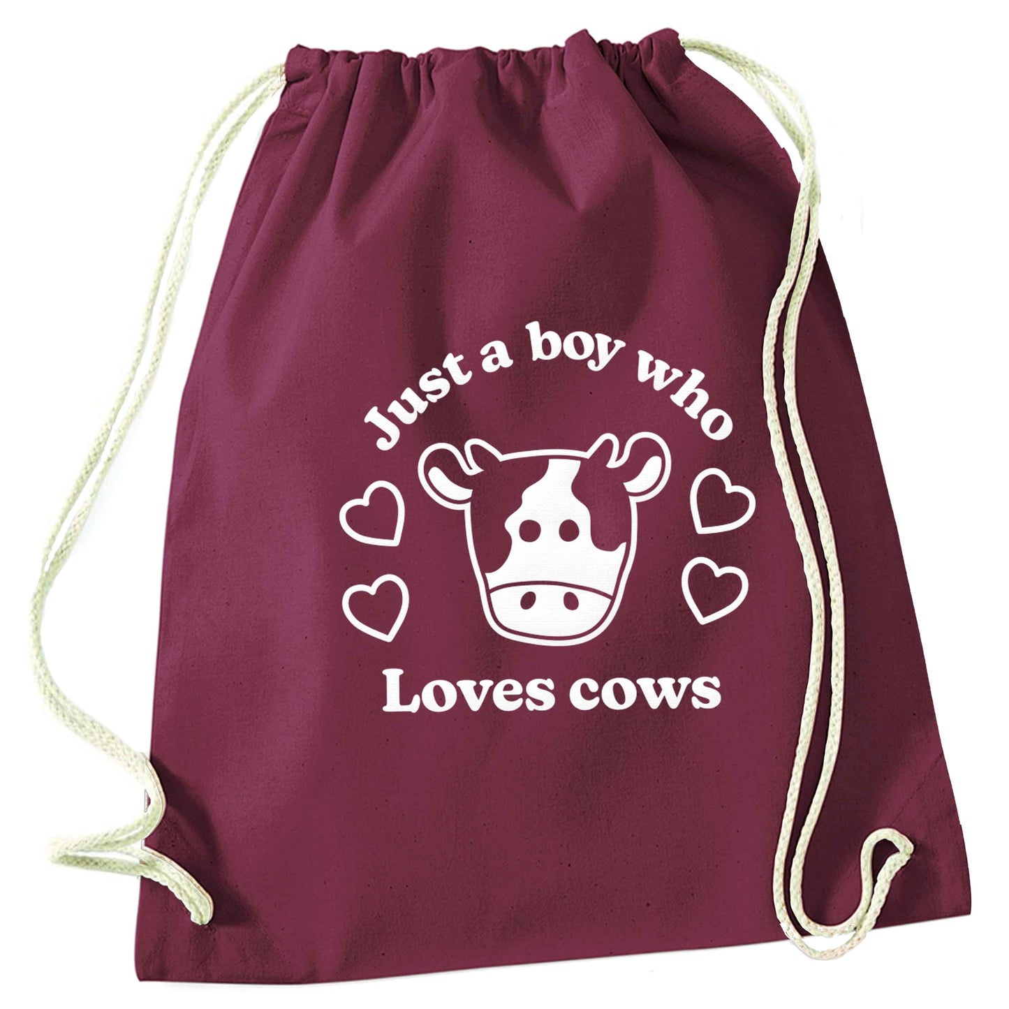 Just a boy who loves cows maroon drawstring bag