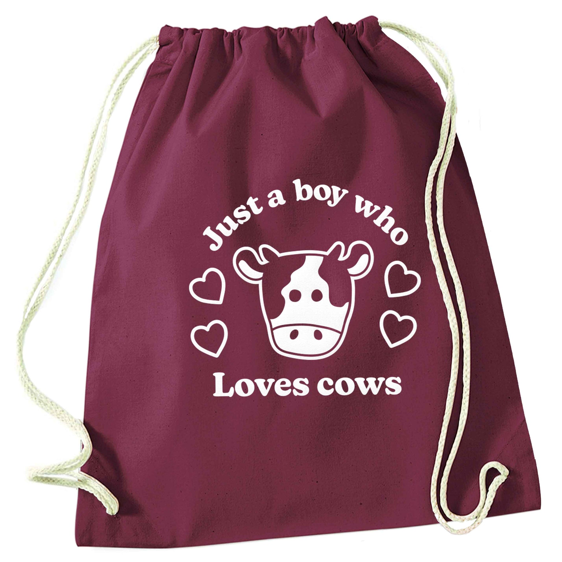 Just a boy who loves cows maroon drawstring bag