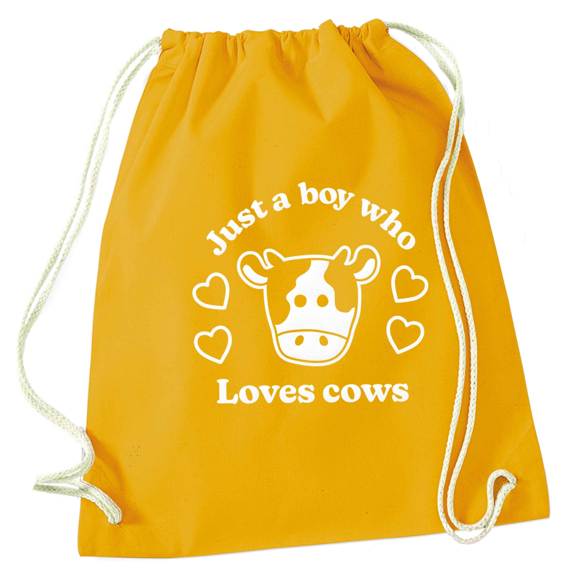Just a boy who loves cows mustard drawstring bag