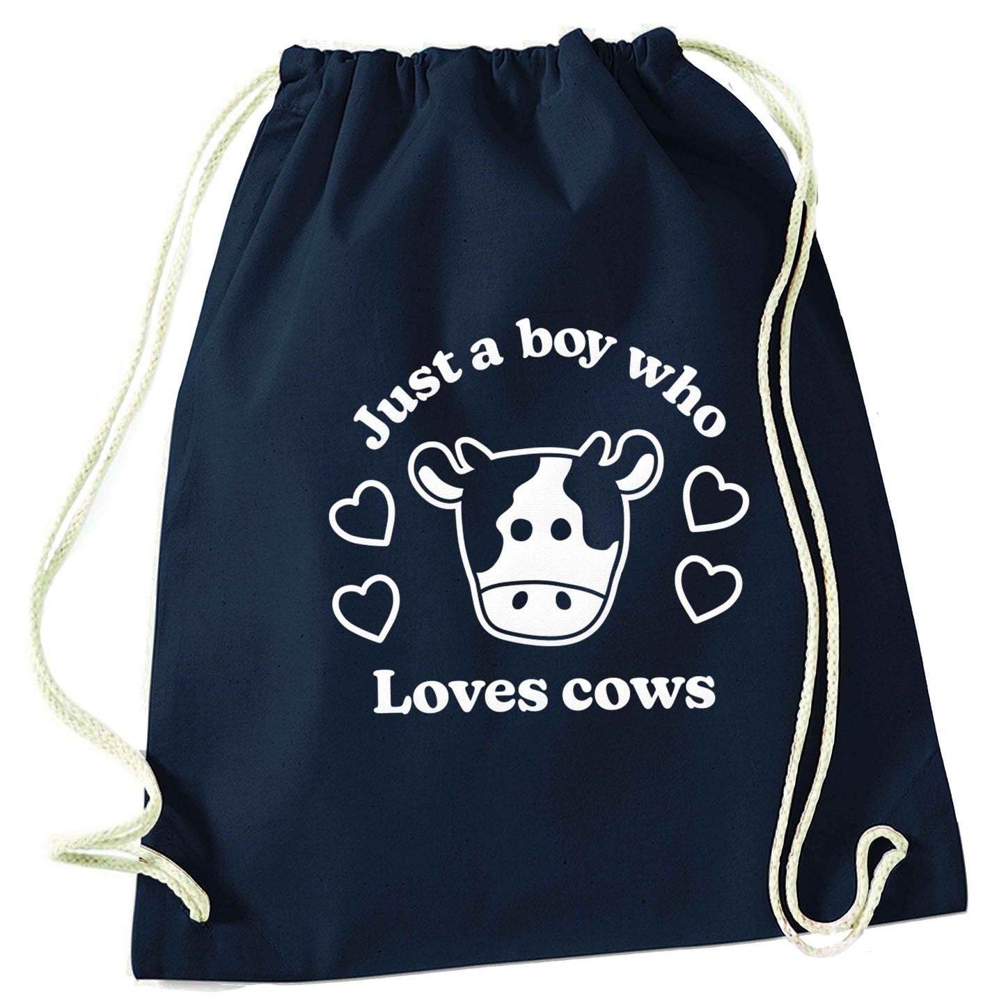 Just a boy who loves cows navy drawstring bag