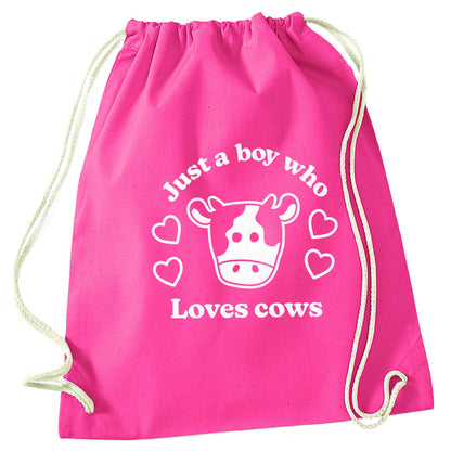 Just a boy who loves cows pink drawstring bag