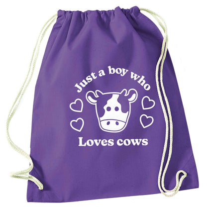 Just a boy who loves cows purple drawstring bag