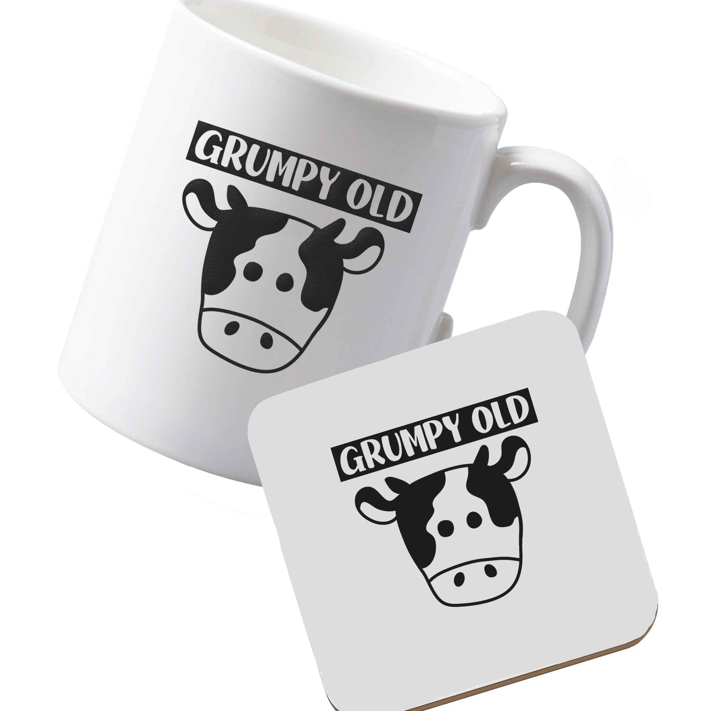 10 oz Ceramic mug and coaster Grumpy old cow left sided