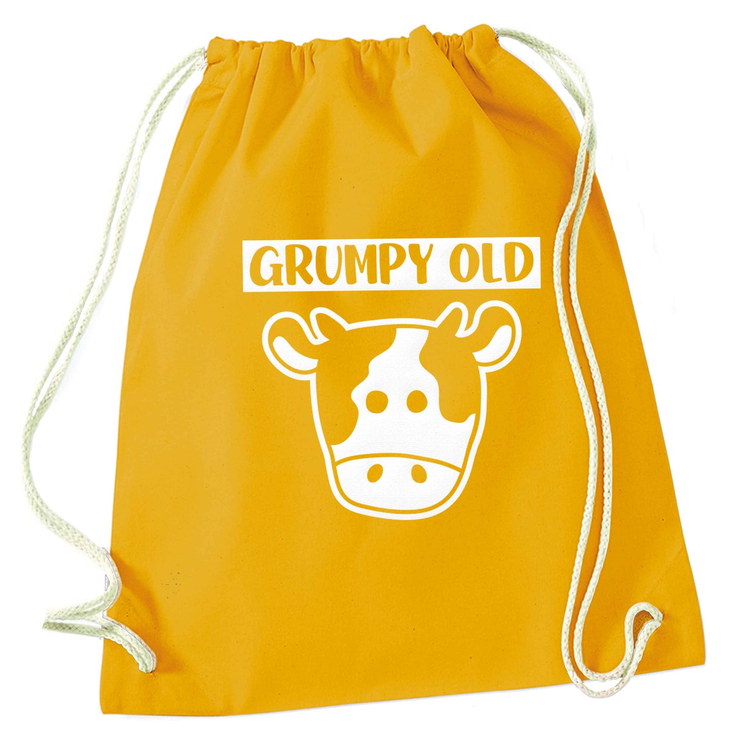 Grumpy old cow mustard drawstring bag