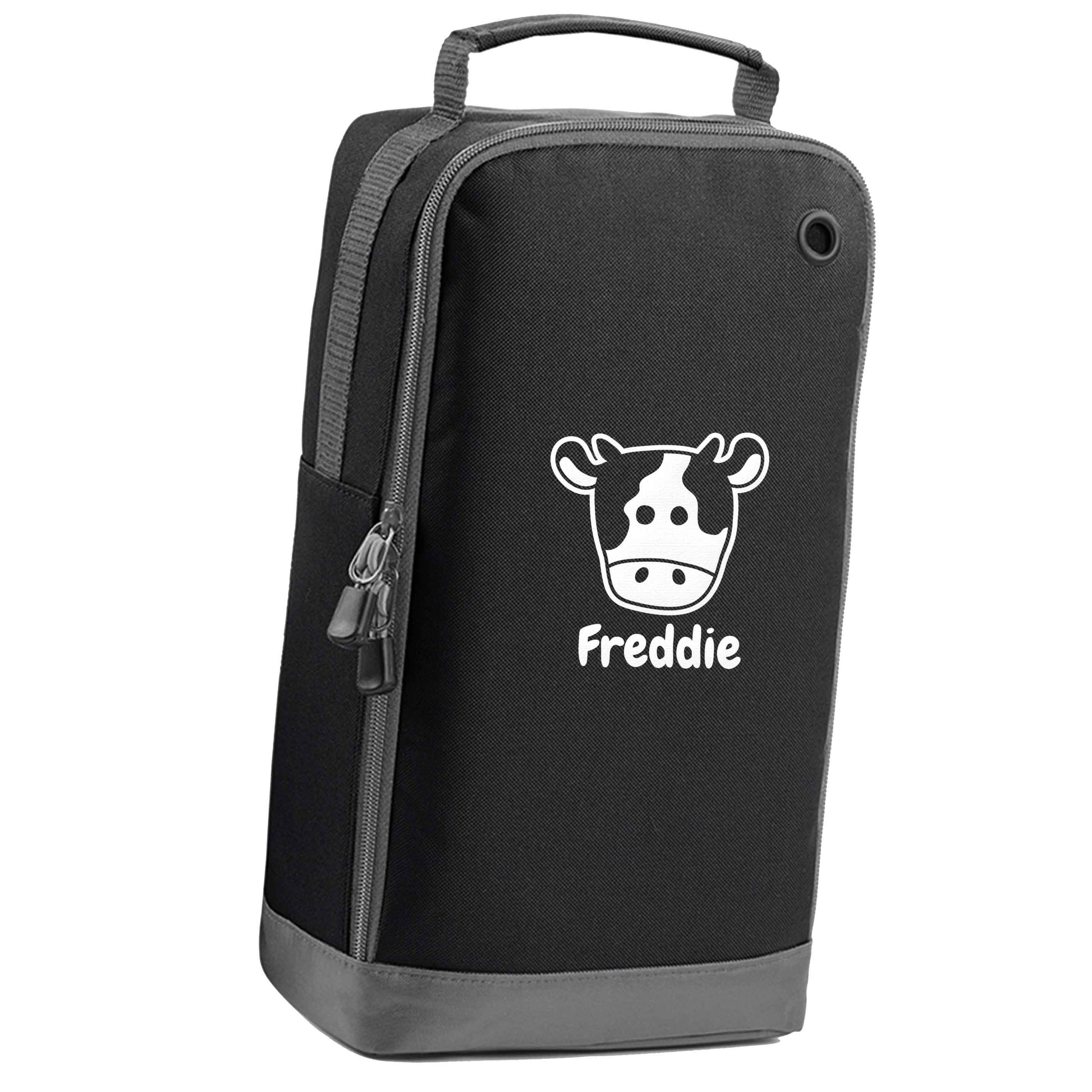 Personalised cow illustration with any name black sports shoe bag vertical print