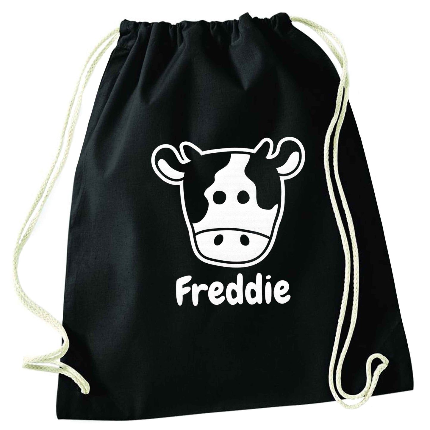 Personalised cow illustration with any name black drawstring bag
