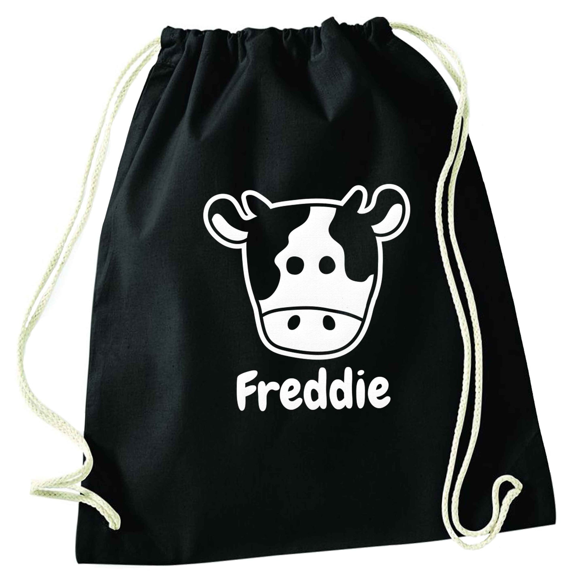 Personalised cow illustration with any name black drawstring bag