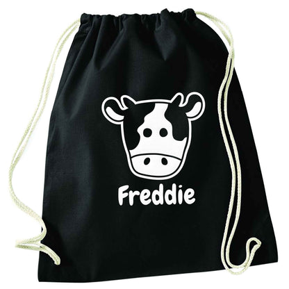 Personalised cow illustration with any name black drawstring bag