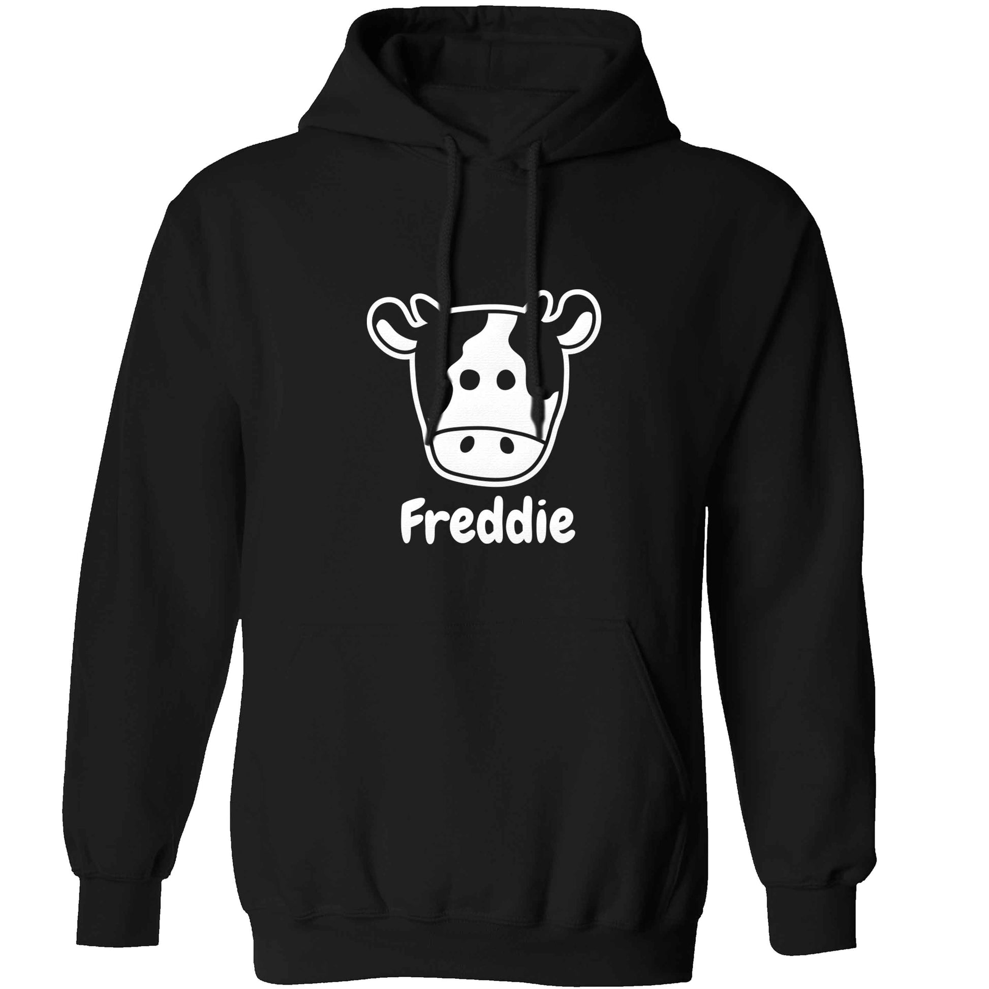 Personalised cow illustration with any name adults unisex black hoodie 2XL
