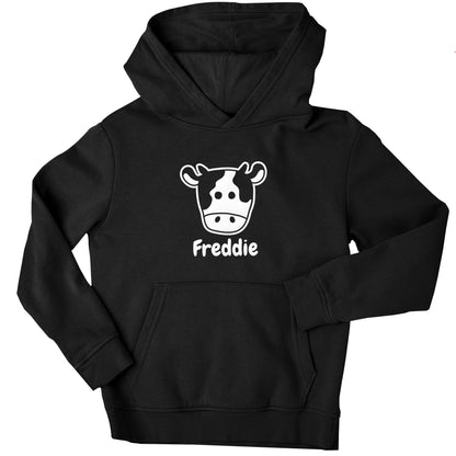 Personalised cow illustration with any name children's black hoodie 12-13 Years