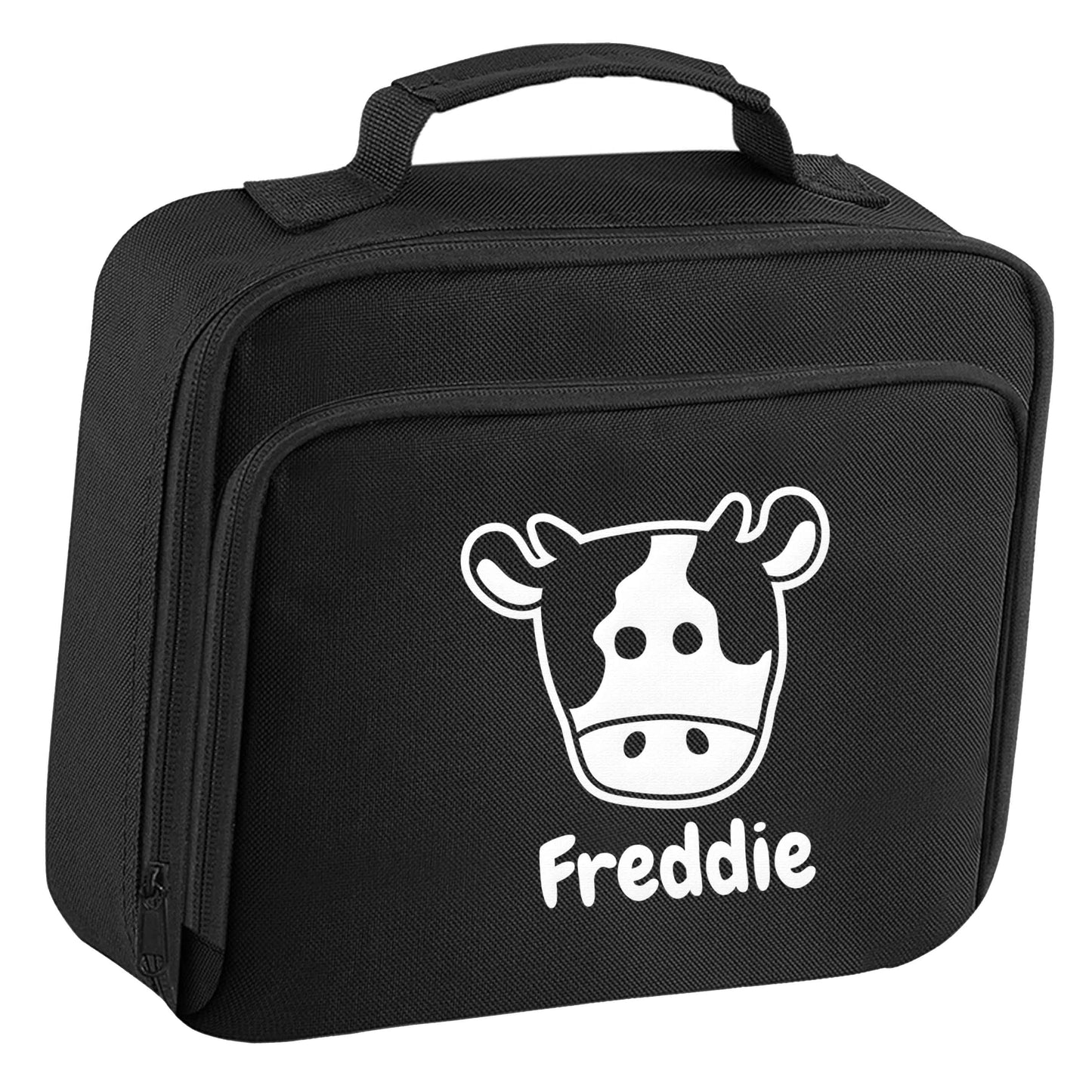 Personalised cow illustration with any name insulated black lunch bag cooler