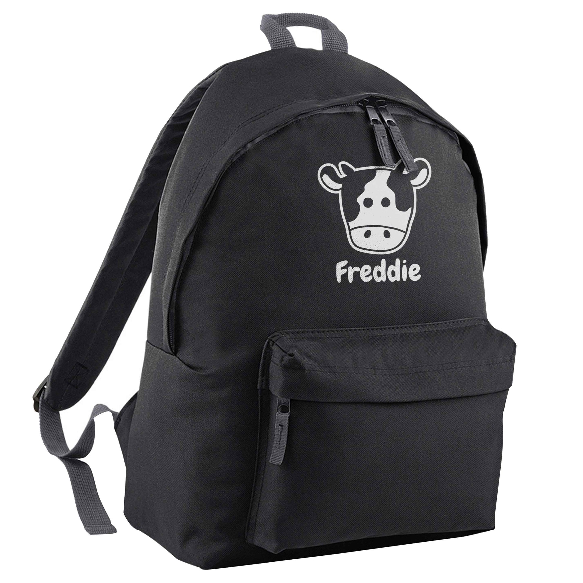 Personalised cow illustration with any name black adults backpack