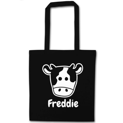Personalised cow illustration with any name black tote bag
