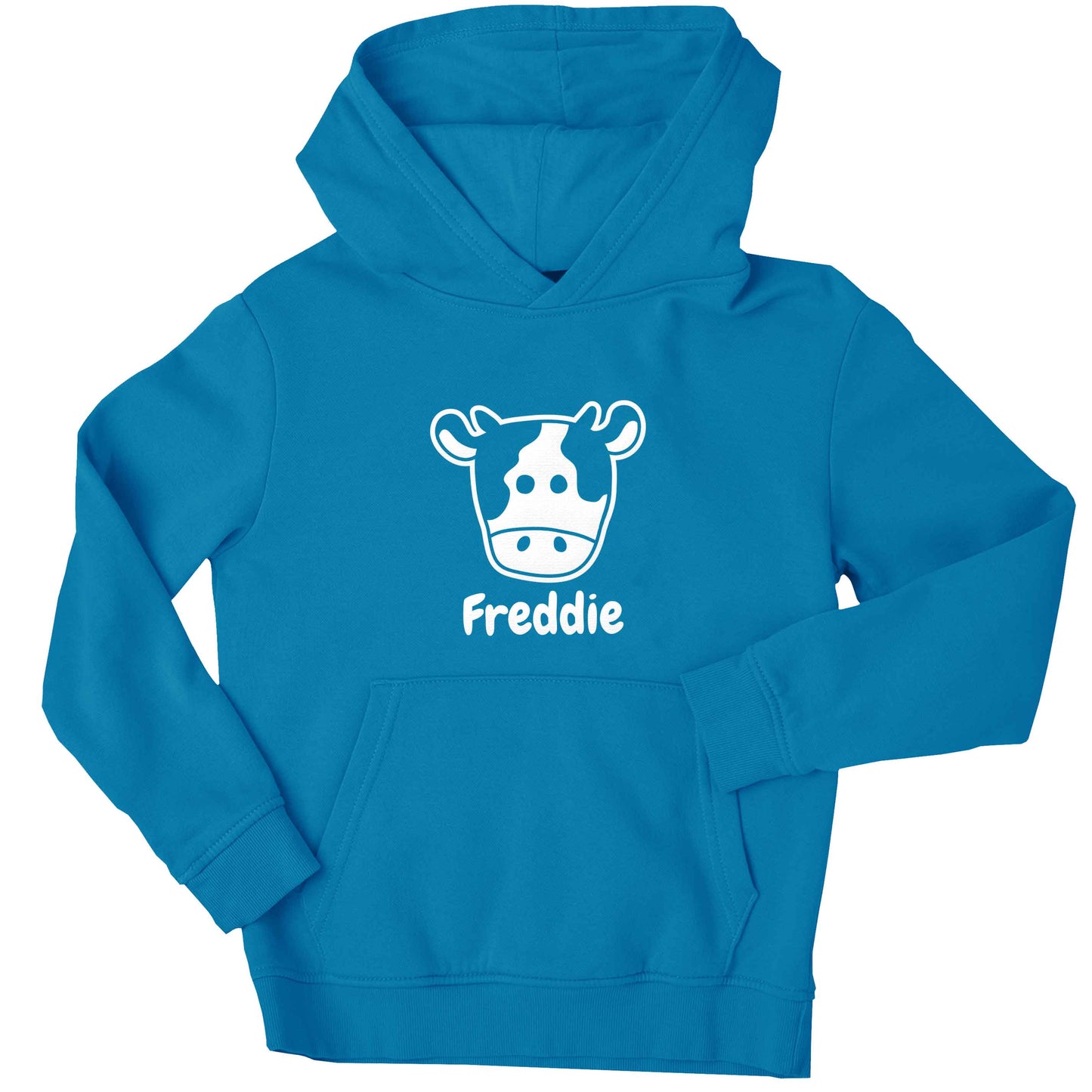 Personalised cow illustration with any name children's blue hoodie 12-13 Years