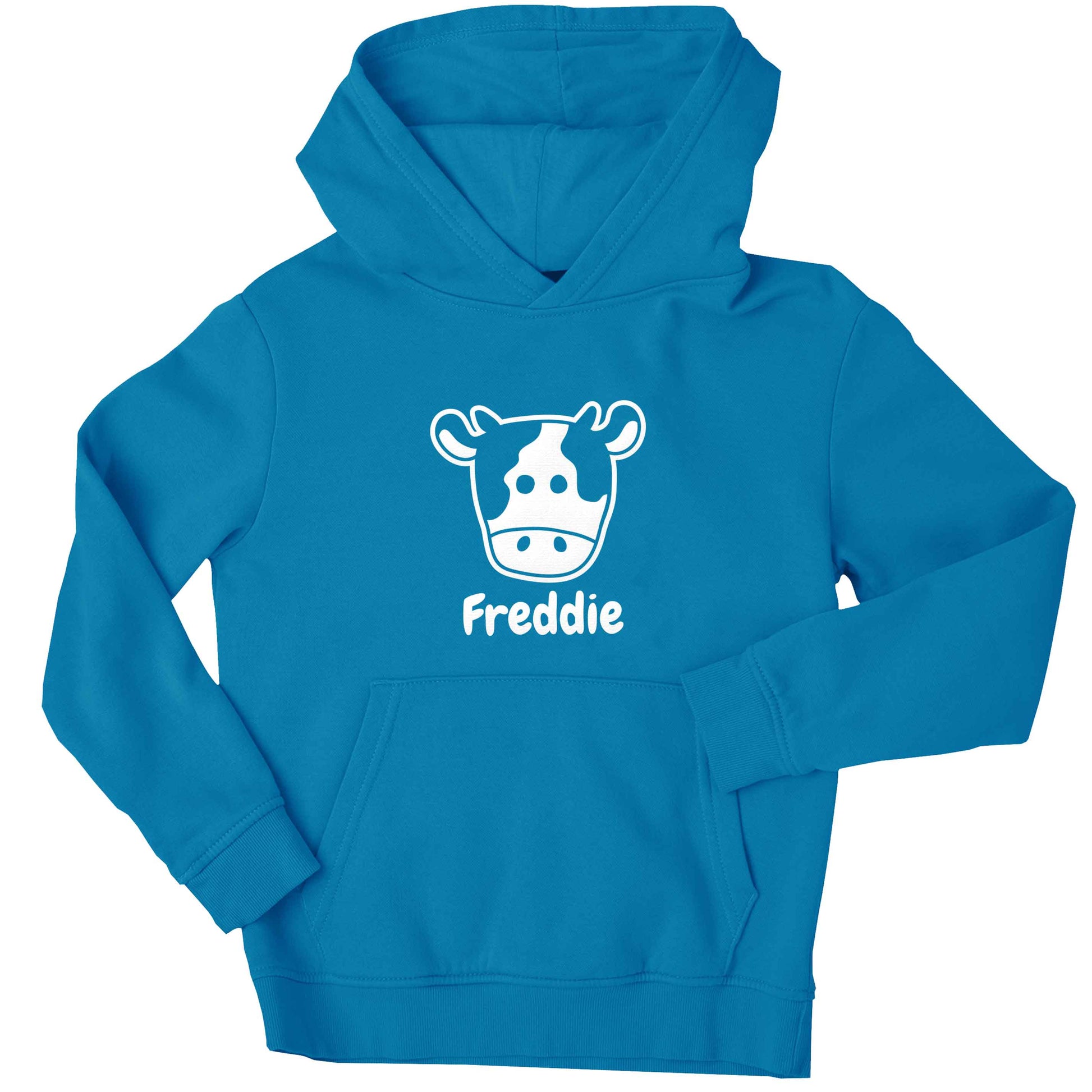 Personalised cow illustration with any name children's blue hoodie 12-13 Years