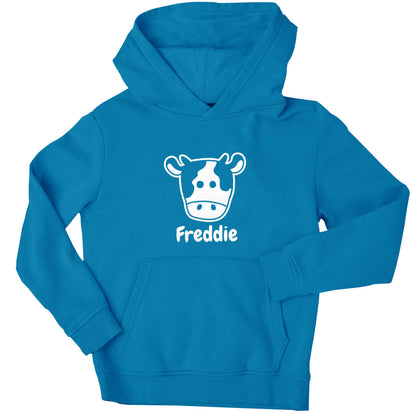 Personalised cow illustration with any name children's blue hoodie 12-13 Years