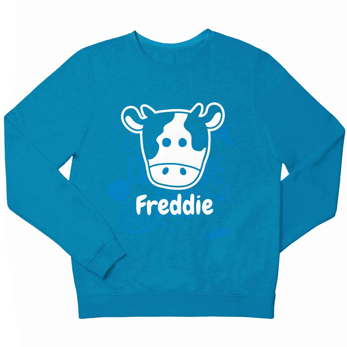 Personalised cow illustration with any name children's blue sweater 12-13 Years