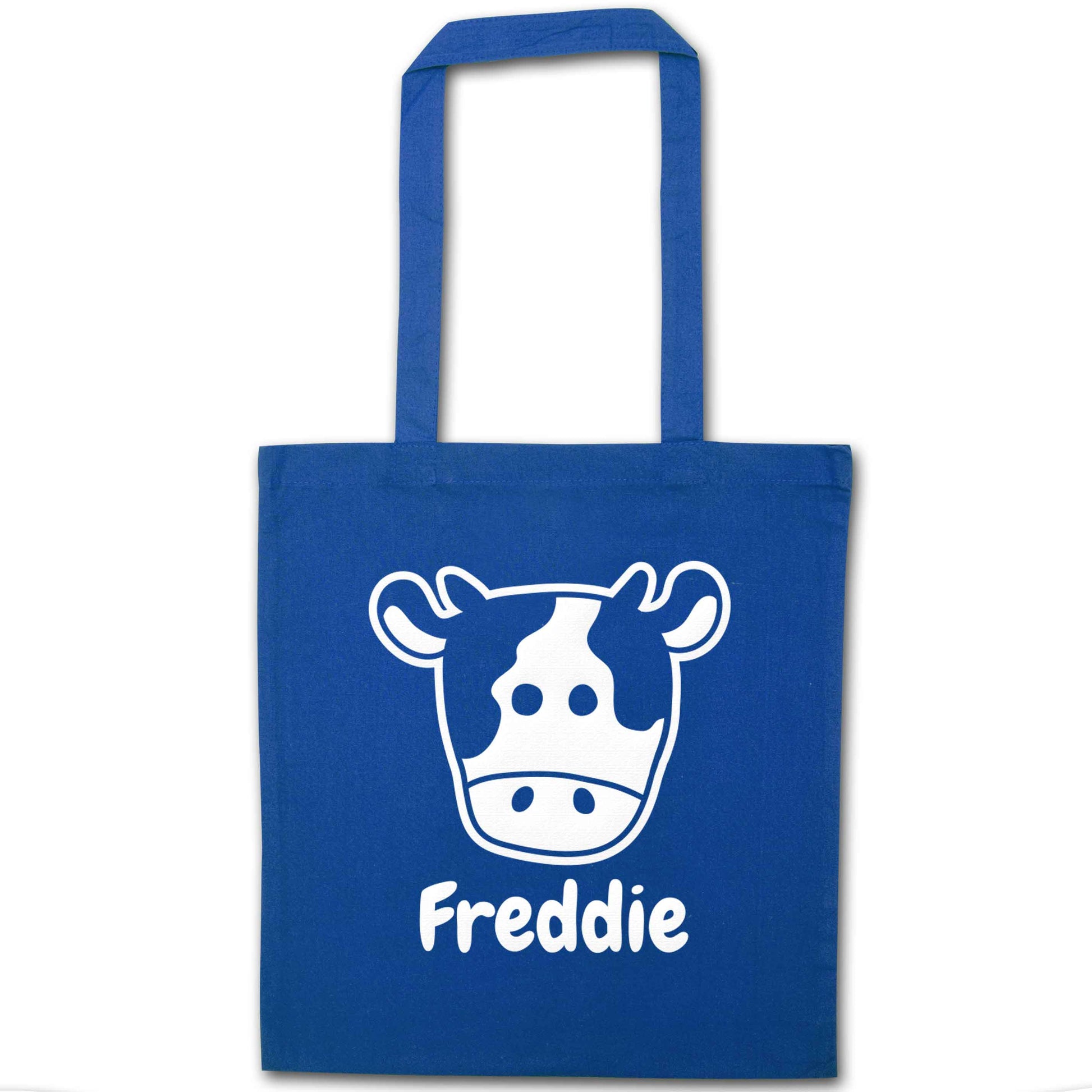 Personalised cow illustration with any name blue tote bag