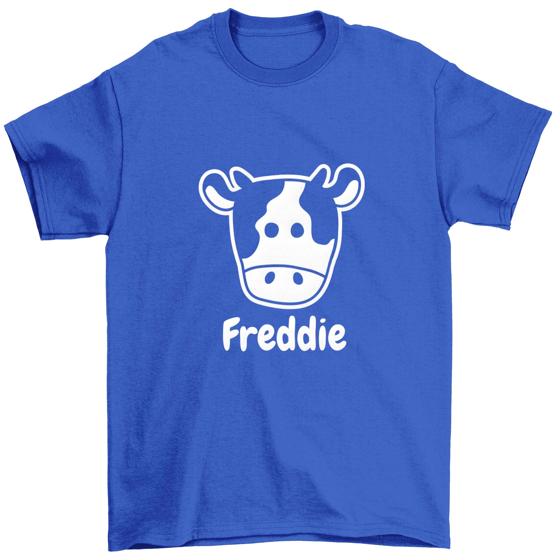 Personalised cow illustration with any name Children's blue Tshirt 12-13 Years