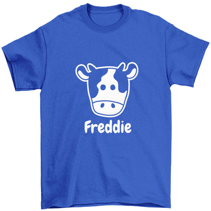 Personalised cow illustration with any name Children's blue Tshirt 12-13 Years