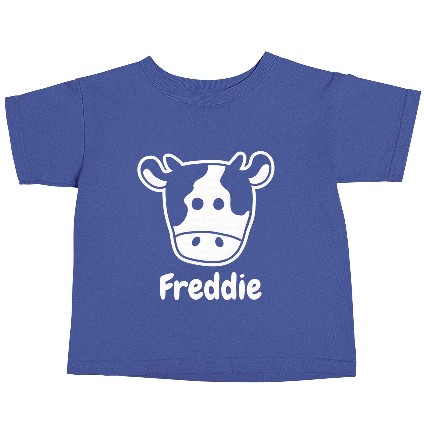Personalised cow illustration with any name blue baby toddler Tshirt 2 Years