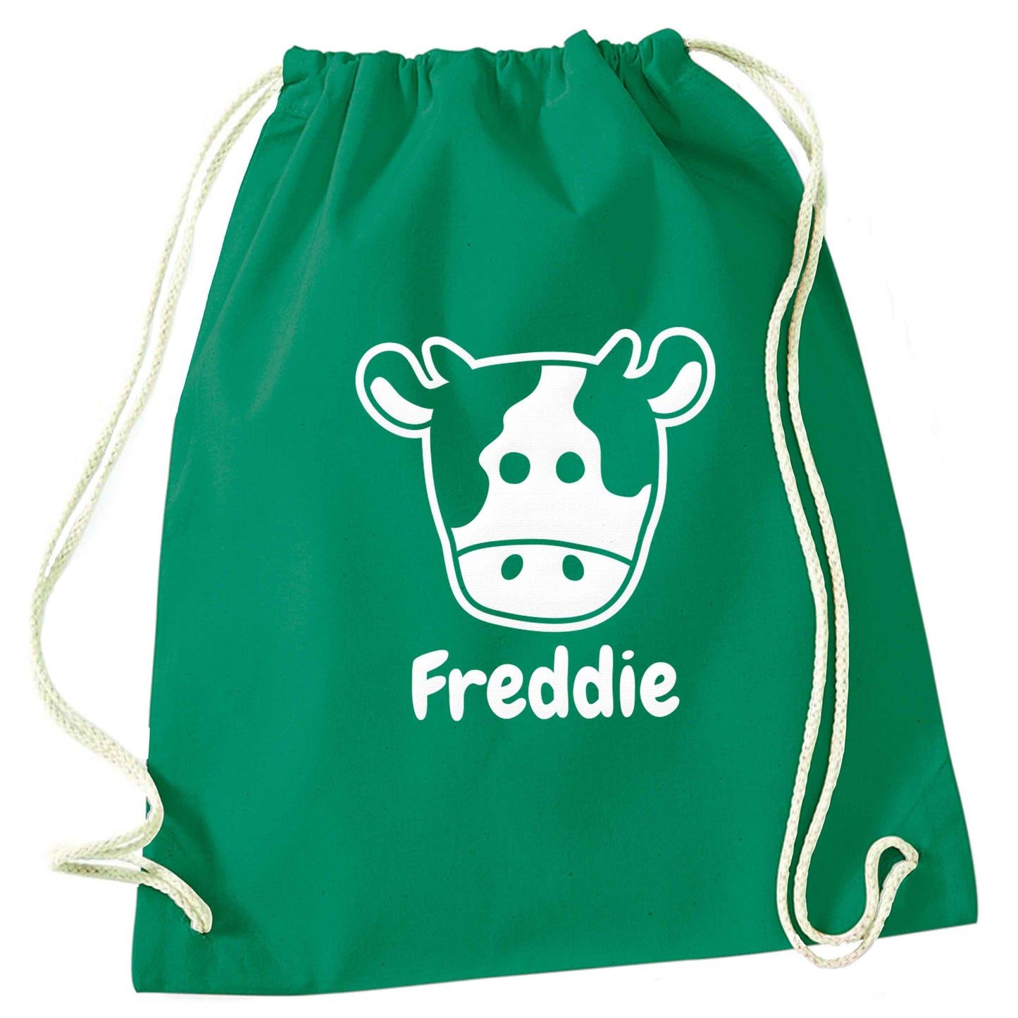 Personalised cow illustration with any name green drawstring bag