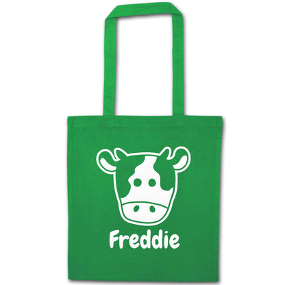 Personalised cow illustration with any name green tote bag