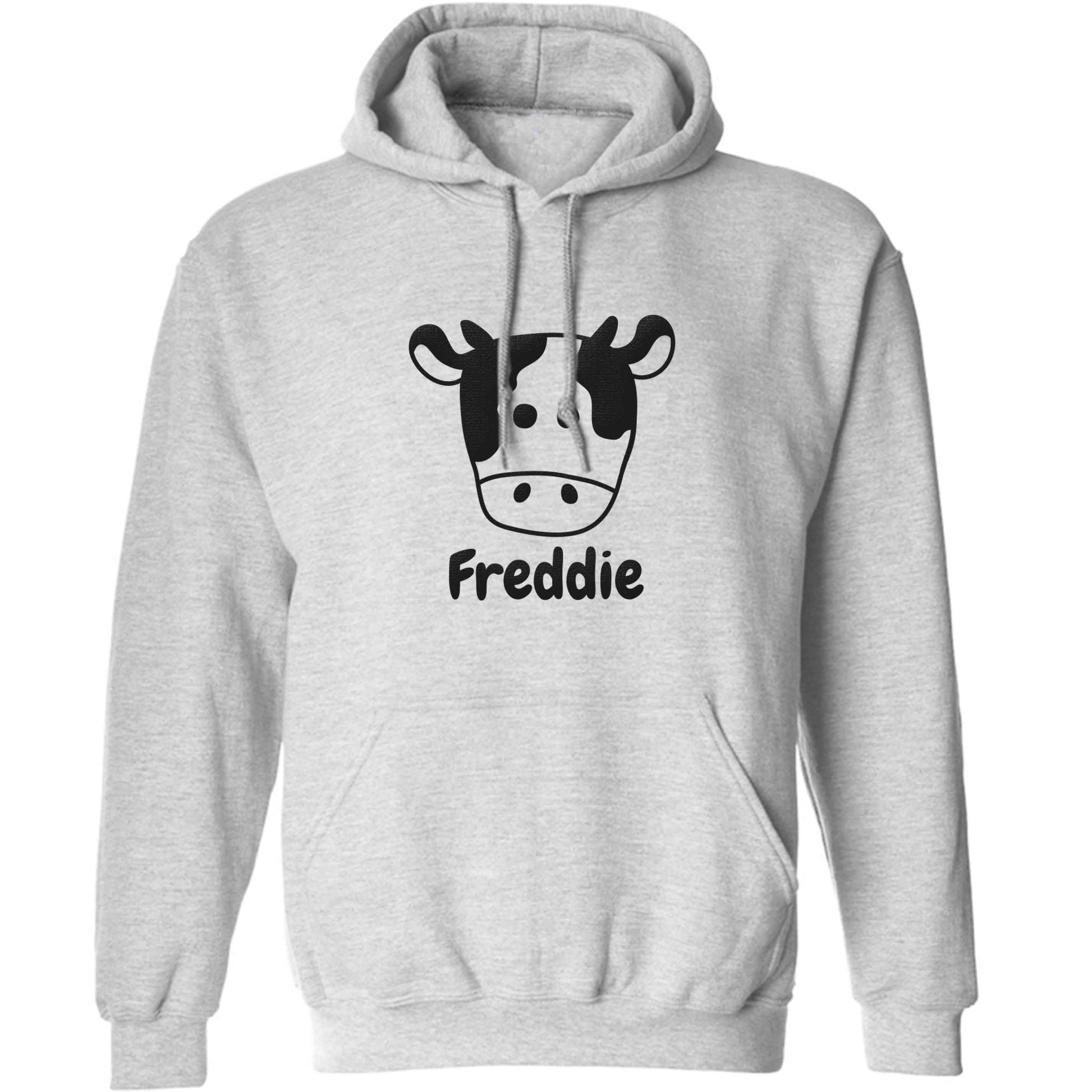 Personalised cow illustration with any name adults unisex grey hoodie 2XL