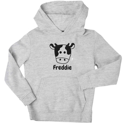 Personalised cow illustration with any name children's grey hoodie 12-13 Years