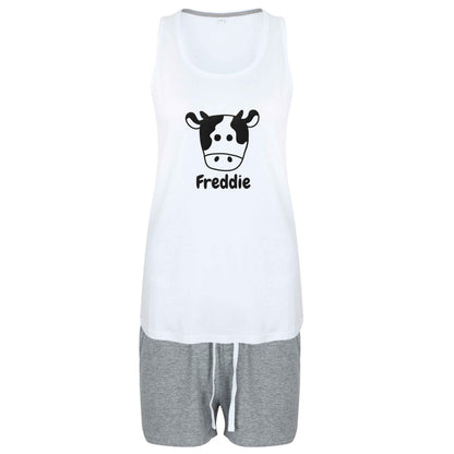 Personalised cow illustration with any name size XL women's pyjama shorts set in pink 