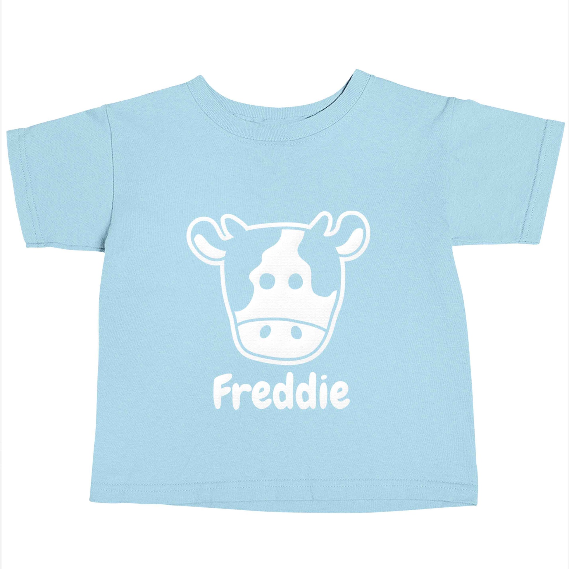 Personalised cow illustration with any name Children's light blue Tshirt 12-13 Years