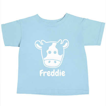 Personalised cow illustration with any name Children's light blue Tshirt 12-13 Years