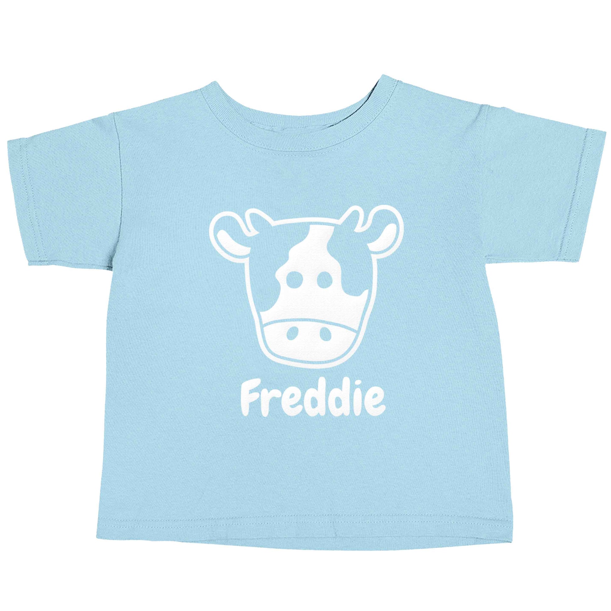 Personalised cow illustration with any name light blue baby toddler Tshirt 2 Years