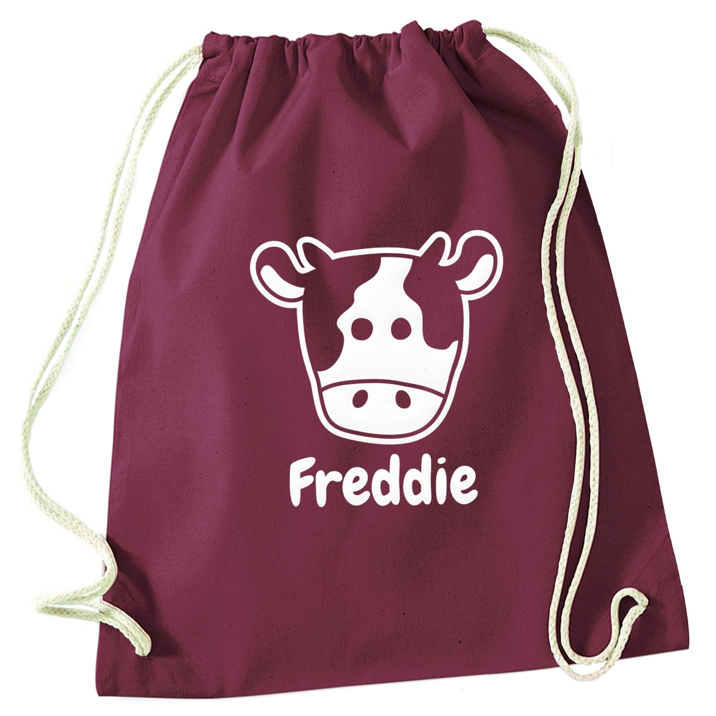 Personalised cow illustration with any name maroon drawstring bag