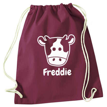 Personalised cow illustration with any name maroon drawstring bag