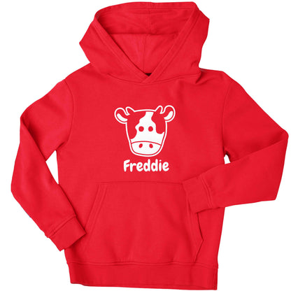 Personalised cow illustration with any name children's red hoodie 12-13 Years