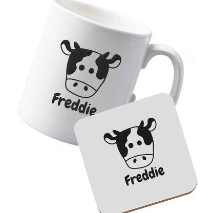 10 oz Ceramic mug and coaster Personalised cow illustration with any name left sided