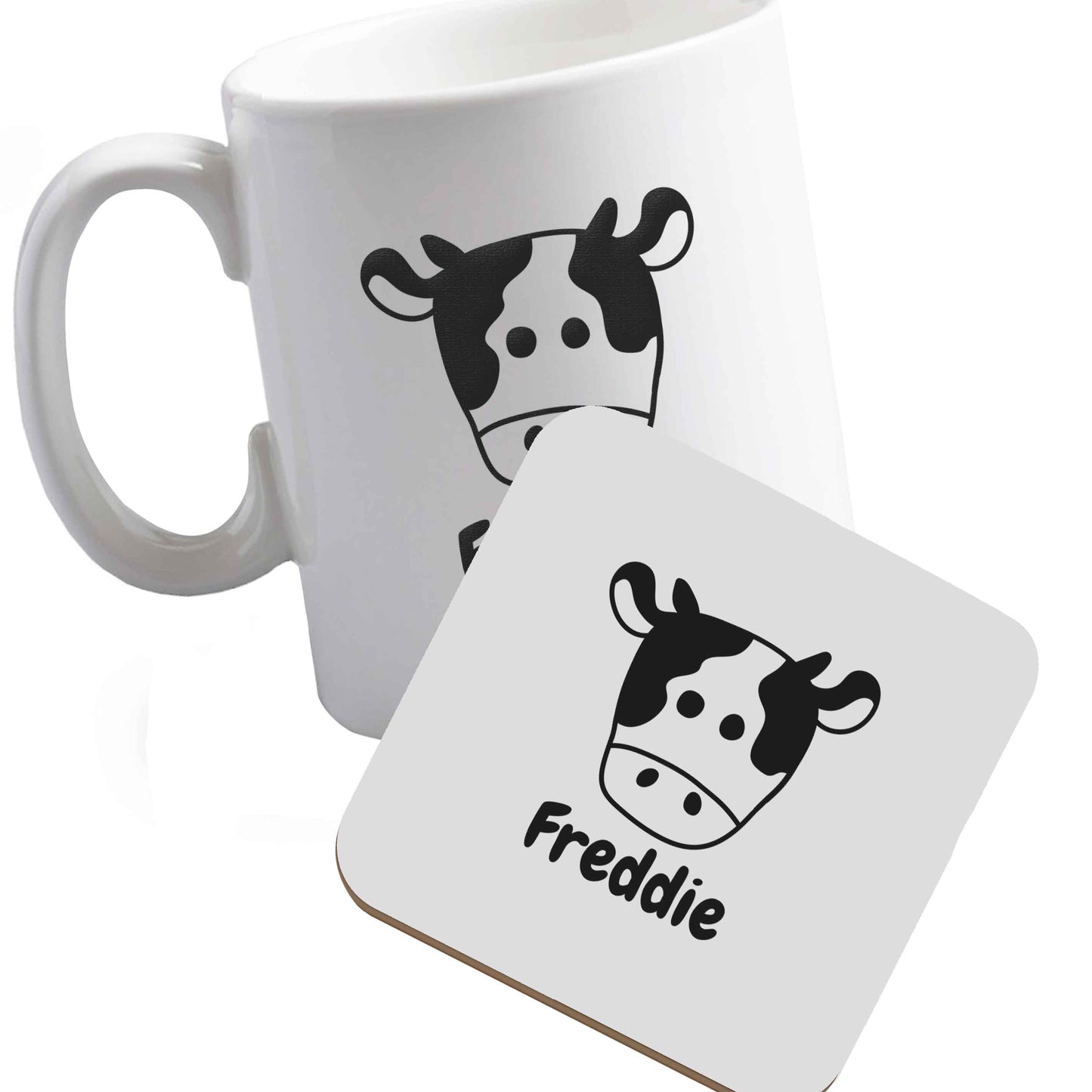 10 oz Ceramic mug and coaster Personalised cow illustration with any name both sides