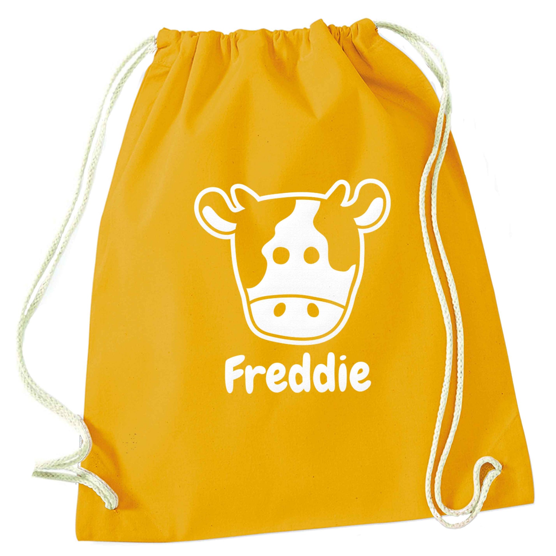 Personalised cow illustration with any name mustard drawstring bag