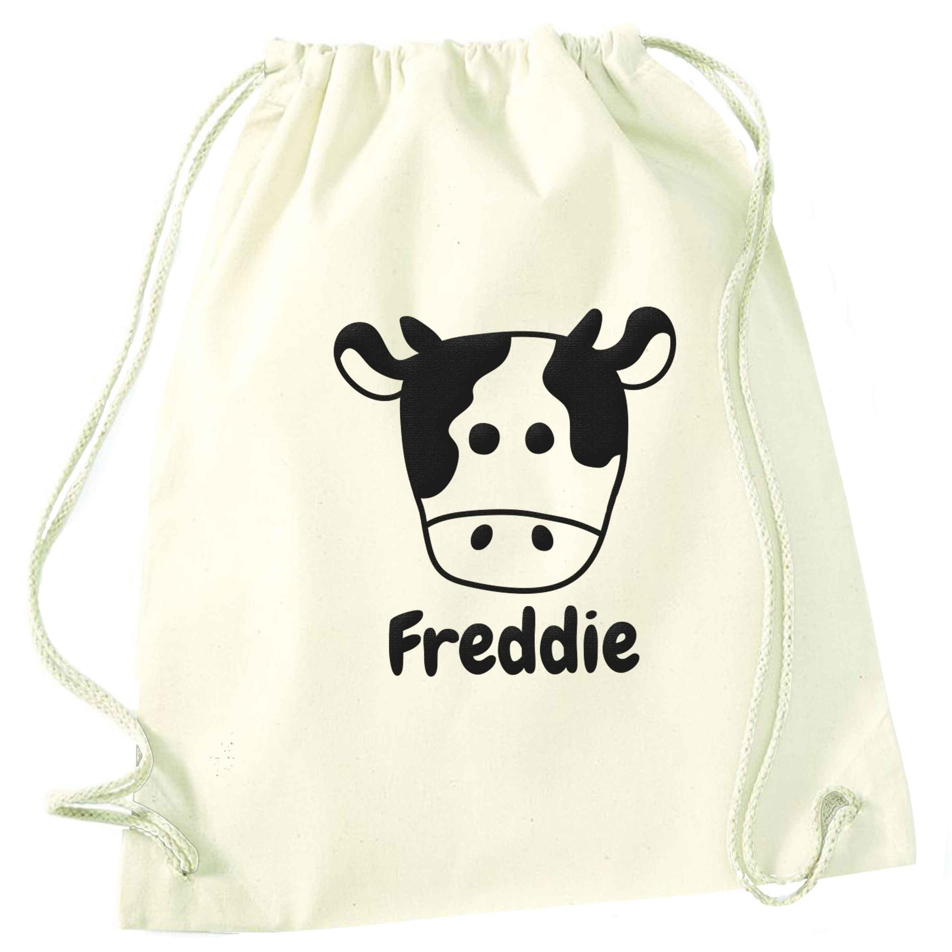 Personalised cow illustration with any name natural drawstring bag